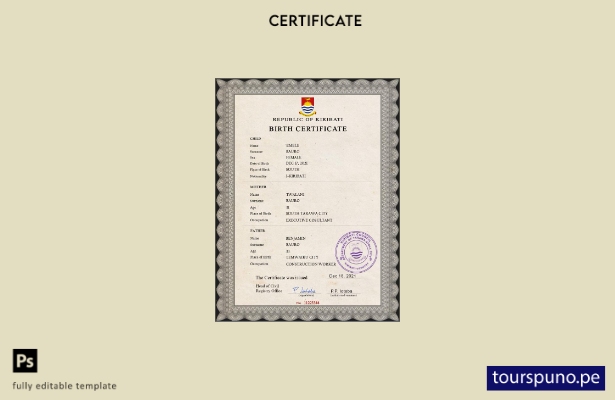 Plantilla PSD de certificado de nacimiento de registro civil de Kiribati listo p